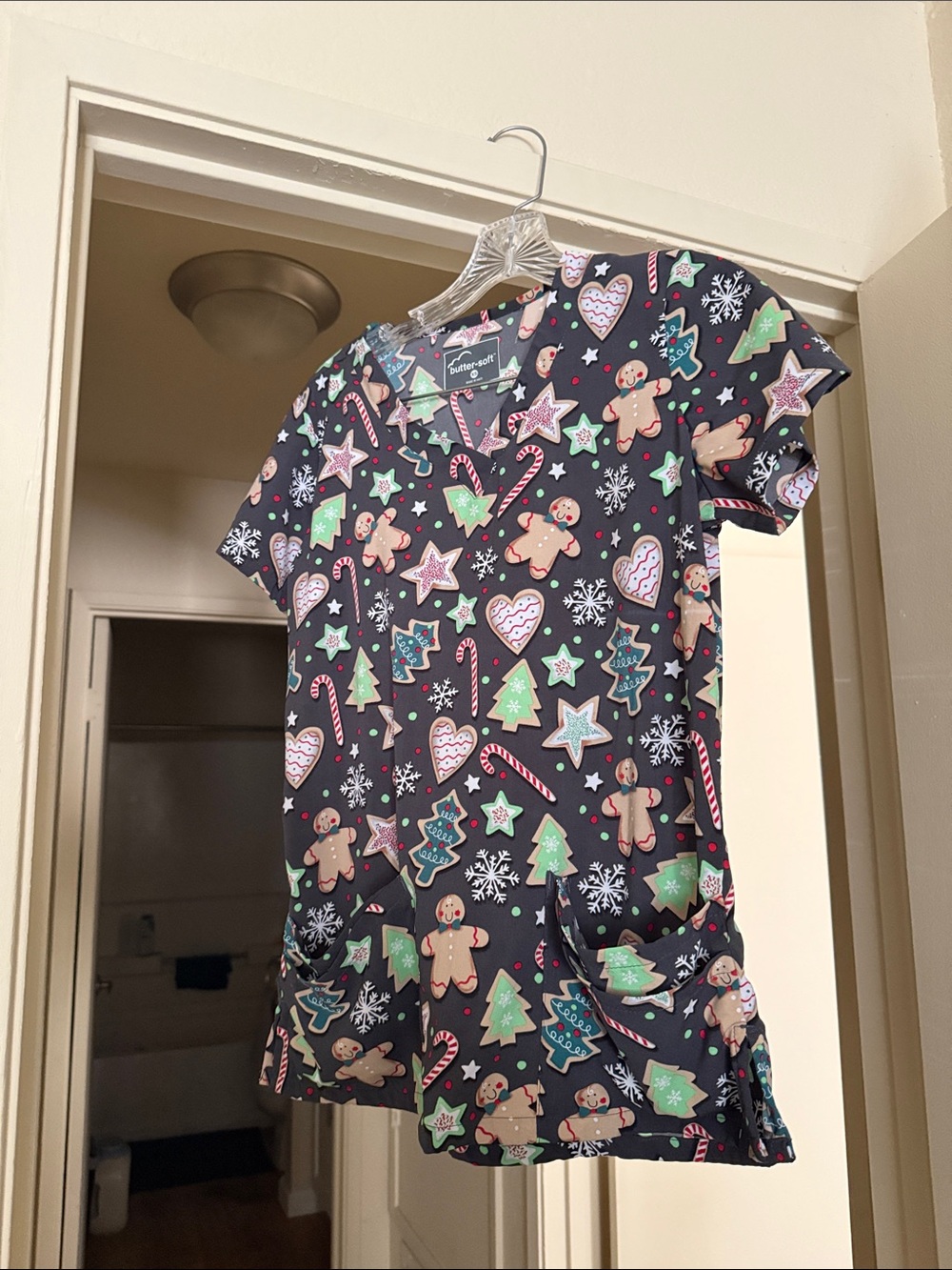 Women’s Grey Holiday Gingerbread Scrub Top